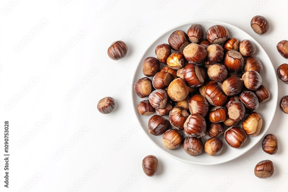Obraz premium Top view of chestnuts on white plate, white background