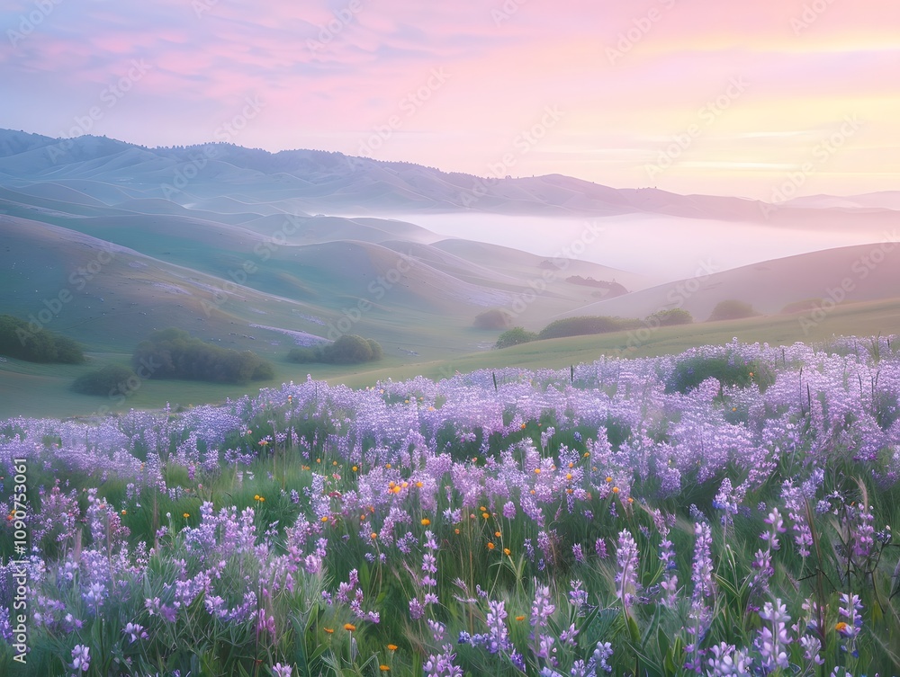 Obraz premium Purple wildflowers bloom in a field with a misty mountain backdrop.