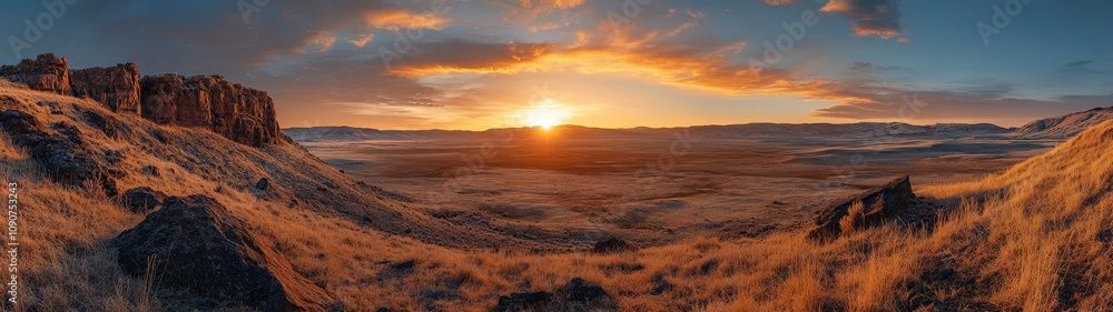 Breathtaking sunset over a scenic landscape with rolling hills and dramatic clouds, perfect for nature lovers and adventure seekers.