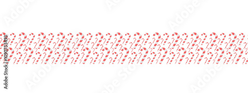 Candy cane. Seamless horizontal border. Striped red and white lollipop. Repeating vector pattern. Isolated colorless background. Flat style. Idea for web design.