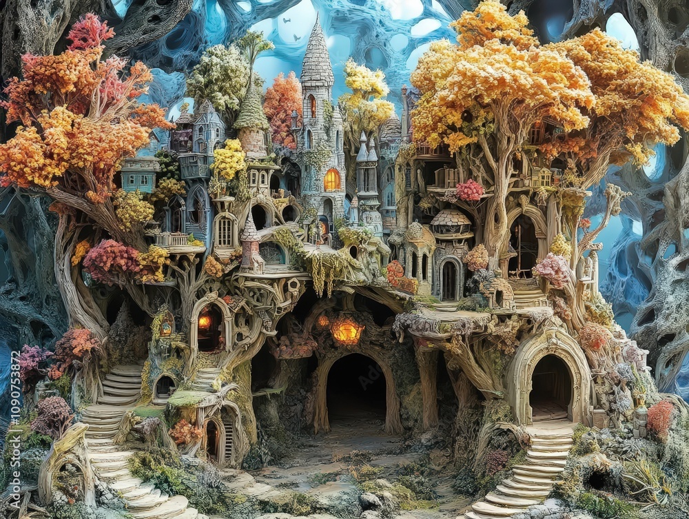 Fototapeta premium Enchanting fantasy village nestled among colorful trees, showcasing whimsical architecture and mystical atmosphere.