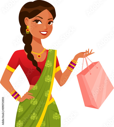 cute cartoon illustration of a beautiful Indian woman wearing colorful traditional saree and jewels, shopping. Isolated on white.