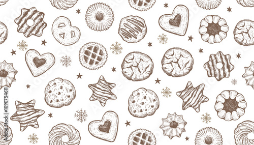 Cookie pattern on white, hand drawn illustration.	
