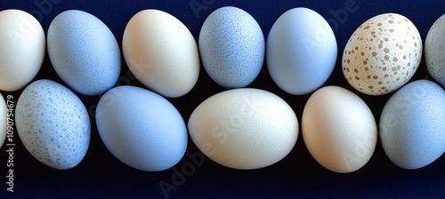 Navy Blue, White, And Beige Easter Eggs In A Row On A Navy Blue Background With Polka Dot Patterns