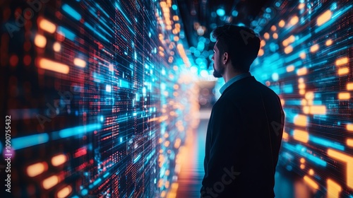 Wallpaper Mural Man Gazing at Glowing Data Flow in a Futuristic City Torontodigital.ca