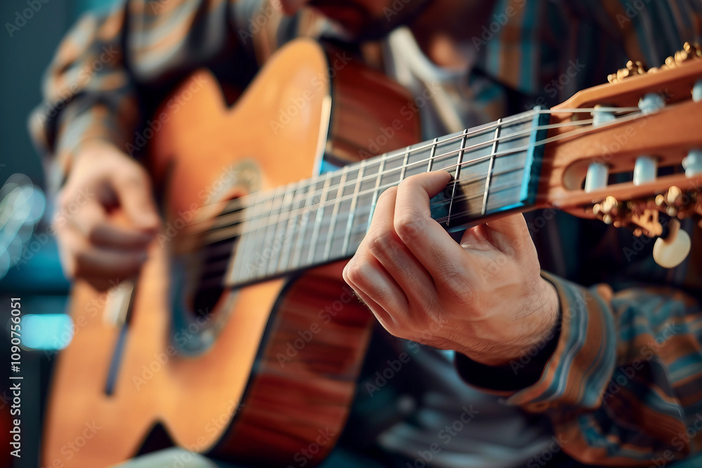 Fototapeta premium Generative AI Image of a Guitarist Performing with Acoustic Guitar