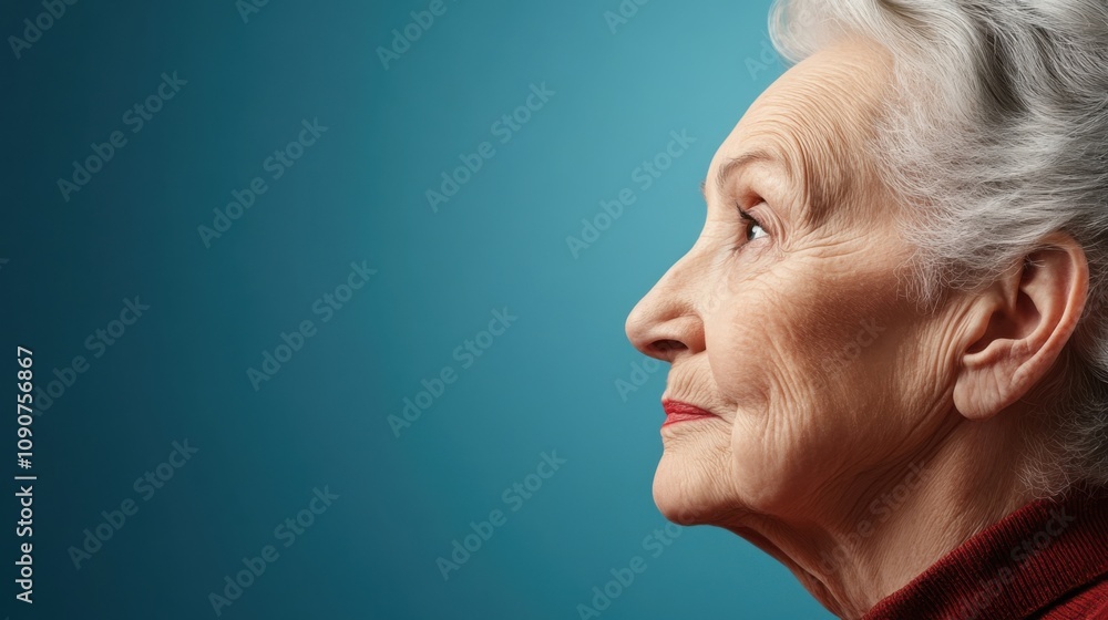 Profile View of an Elderly Woman with Elegant White Hair Against a Soft Blue Background, Capturing Wisdom and Grace in Portrait Photography Profile View of an Elderly Woman with Elegant White Hair Against a Soft Blue Background, Capturing Wisdom and Grace in Portrait Photography