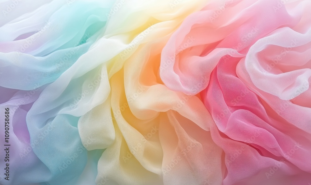 Fototapeta premium Colorful flowing fabric, soft pastel hues, delicate texture, smooth draping, ethereal appearance, light and airy feel