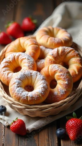 A basket of donuts and strawberries on a table