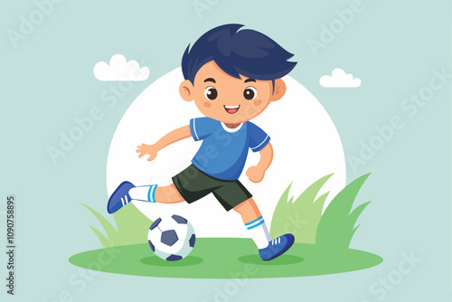 Young Boy Playing Soccer in a Grassy Field on a Sunny Day