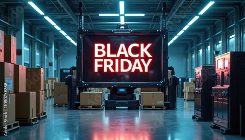 A futuristic robotic warehouse with glowing 'BLACK FRIDAY' text on a central screen, surrounded by automated machines and parcels