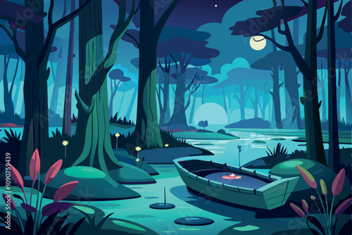 Tranquil Night in a Serene Forest With a Boat on a Peaceful Waterway