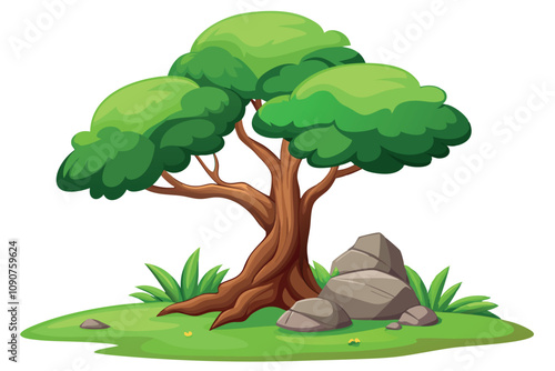 Lush Green Tree With Broad Canopy and Stones in a Vibrant Natural Setting