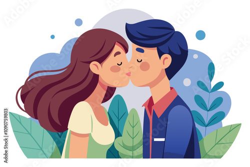 Couple Sharing a Romantic Kiss Surrounded by Soft Foliage and Pastel Colors