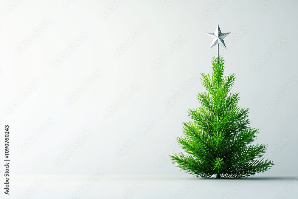 Obraz premium Small green Christmas tree with a silver star on top placed on a plain background before the holiday season