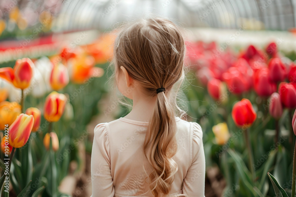 Naklejka premium Generative AI Image of a Person Surrounded by Vibrant Tulips in a Greenhouse Garden
