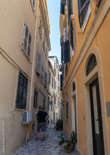 The narrow streets of the Old Town of Kerkyra on the island of Corfu in Greece