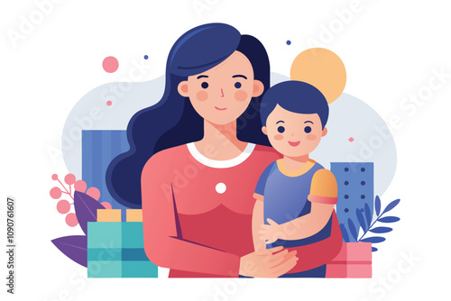 Mother Holding Child in a Colorful Digital Illustration With Plants and Gifts