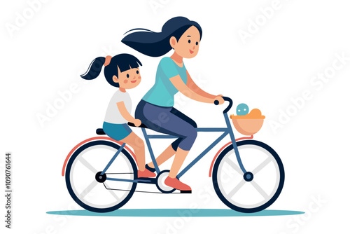 Mother and Daughter Riding a Bicycle Together in a Joyful Outdoor Adventure