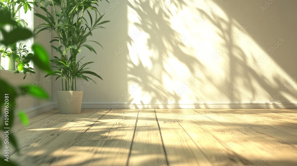 Fototapeta premium A room with a large plant in a white pot and a wooden floor