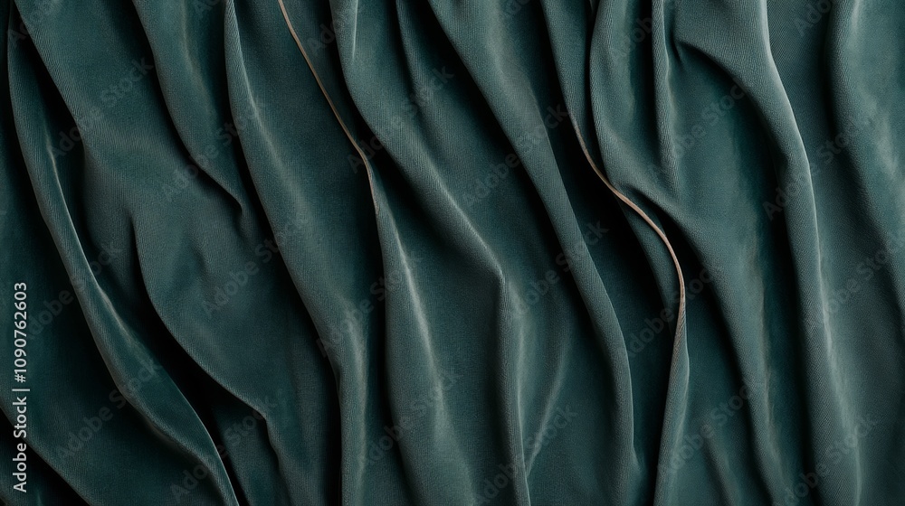 Obraz premium A piece of fabric with a green color and a wavy pattern. The fabric is folded and has a shiny appearance