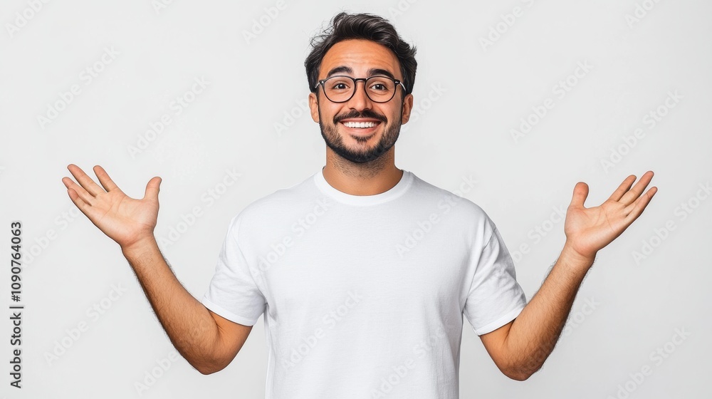 Naklejka premium A man with glasses is smiling and raising his hands in the air. Concept of curiosity and wonder, as if the man is asking a question or seeking knowledge. The man's facial expression