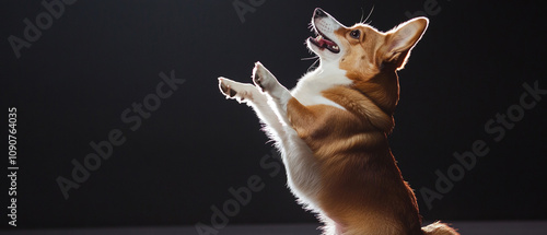 Corgi Dancing On Hind Legs At Pet Event: Adorable Canine Performance Captured In Stock Photo photo