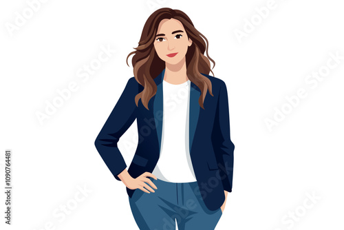 Young Woman in Business Attire Stands Confidently in Casual Pose With Hands on Hip