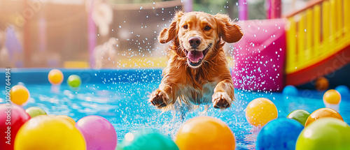 Golden Retriever Leaping Into Vibrant Pool of Colors