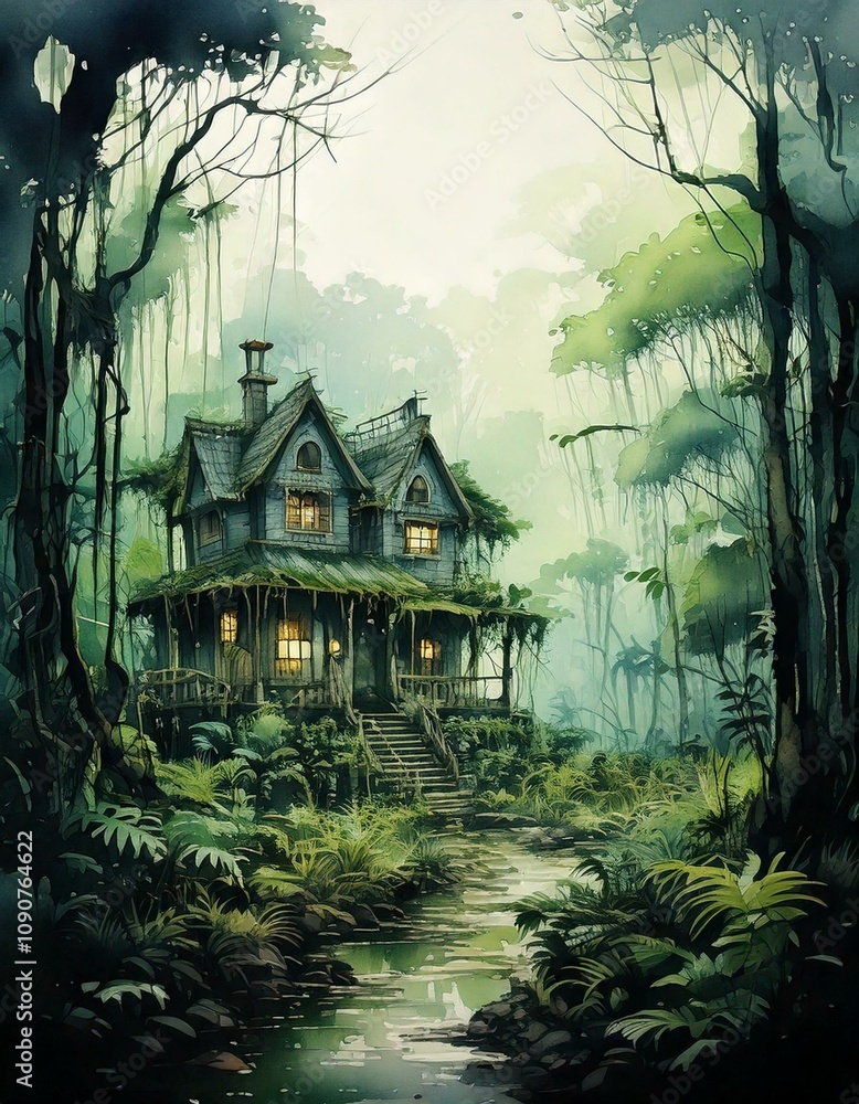 Fototapeta premium watercolor of a mysterious haunted house in the jungle with copy space