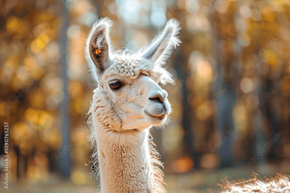 Fototapeta premium Generated AI portrait of brown or beige alpaca on a green field grass