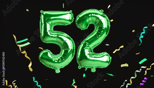 Green birthday / anniversary balloon, number 52, black background with confetti