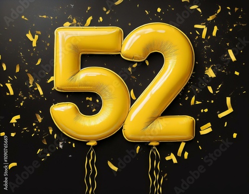 Yellow birthday / anniversary balloon, number 52, black background with confetti