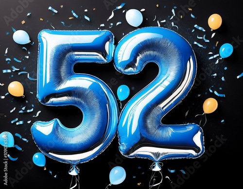 Blue birthday / anniversary balloon, number 52, black background with confetti