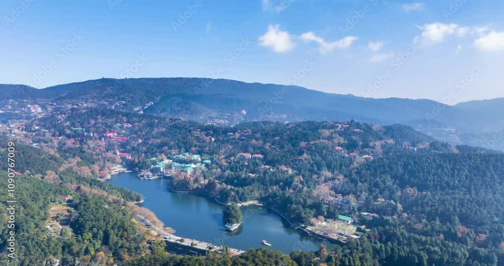 aerial time lapse of the autumn scene in Lushan mountain, beautiful like violin lake against a blue sky, a famous tourist destination in China. aerial time lapse of the autumn scene in Lushan mountain, beautiful like violin lake against a blue sky, a famous tourist destination in China.
