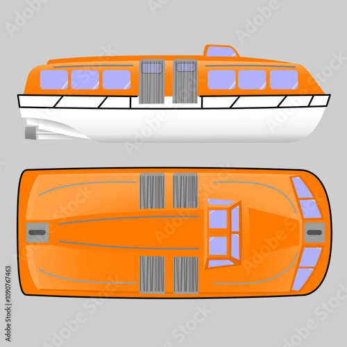 Cruise Ship Tender. Side and top profile of a tender boat from a cruise ship. 150 person lifeboat. Isolated vector illustration.