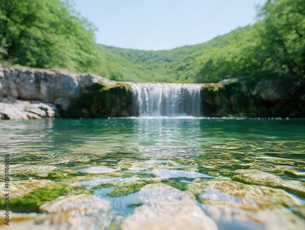 Fototapeta premium Serene waterfall adventure lush green valley nature photography tranquil environment close view relaxation concept