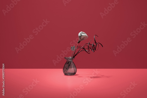 Delicate Dried Flowers in Vase Against Bold Red Background photo