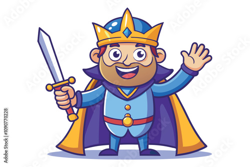 Cartoon Character Dressed as a King Waving With a Sword in a Colorful Illustration