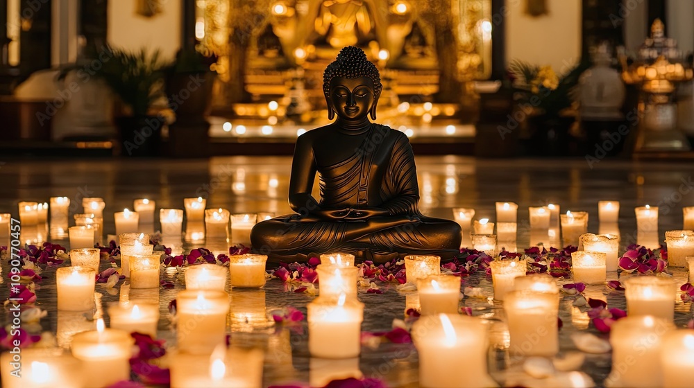 Tranquil Buddha Statue Surrounded by Flickering Candles and Petals in Peaceful Meditation Setting with Golden Decor in Background Tranquil Buddha Statue Surrounded by Flickering Candles and Petals in Peaceful Meditation Setting with Golden Decor in Background