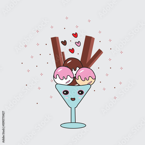 cartoon vector illustration of coloorful ice cream in a bowl.