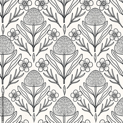 Hand drawn Australian native flowers seamless pattern. Waratah and waxflower background