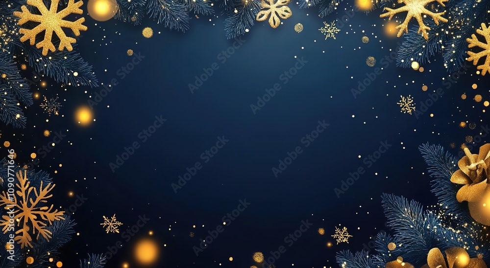 Fototapeta premium A dark blue background with golden snowflakes and lights, creating an elegant atmosphere for a Christmas or New Year promotion