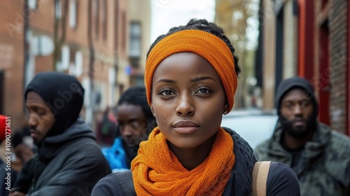 Young African American woman, homeless and anxious, stands among refugees on city streets, embodying struggle, resilience, and criticism of systemic failures in a fictional yet impactful narrative