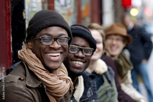 Portrait of happy afro-american man in eyeglasses with friends