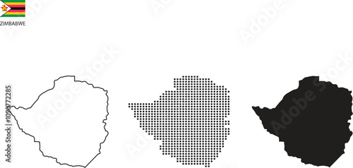 3 versions of Zimbabwe Faso map city vector by thin black outline simplicity style, Black dot style and Dark shadow style on white background