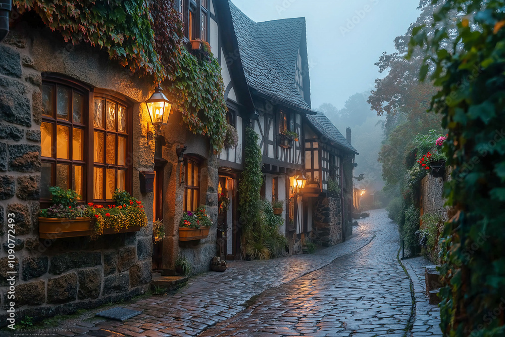 Fototapeta premium Misty cobblestone street in a charming historic village with ivy-covered cottages and glowing lanterns, creating a serene and atmospheric European countryside scene