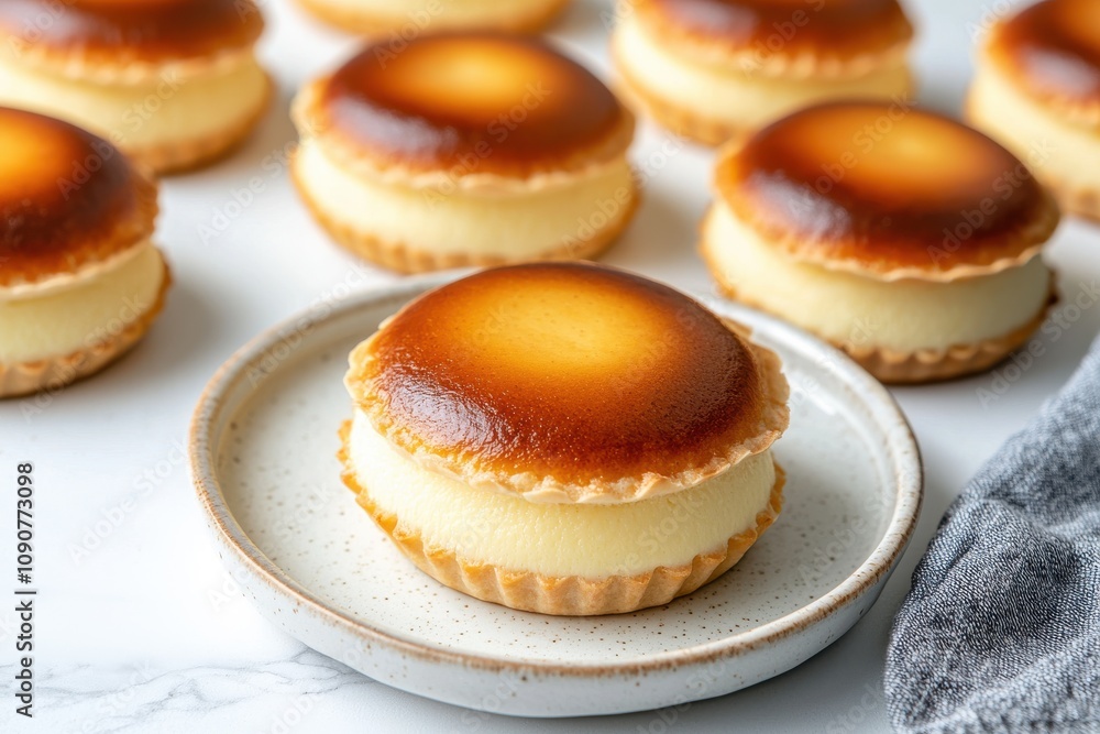 Freshly Baked Egg Custard Tarts on Simple White Plate Freshly Baked Egg Custard Tarts on Simple White Plate