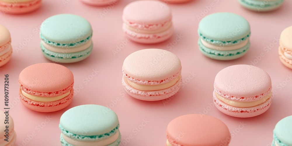 Obraz premium Artisan French macaron concept. Colorful macarons arranged on a pastel background.
