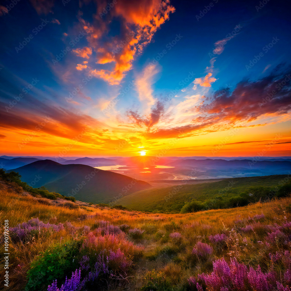 Obraz premium Sunset cascading golden rays over a breathtaking landscape,